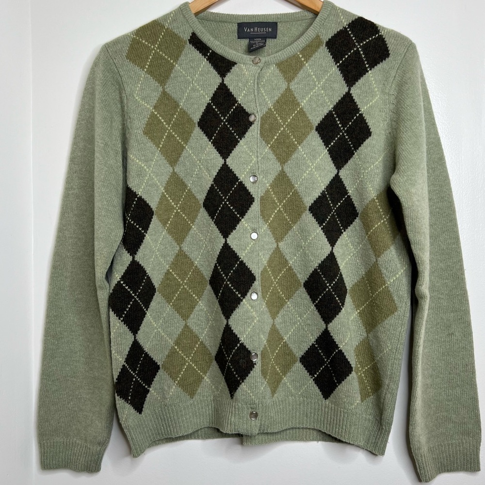 Van Heusen Lambswool Button Front Argyle Cardigan Sweater Women’s Small Academia